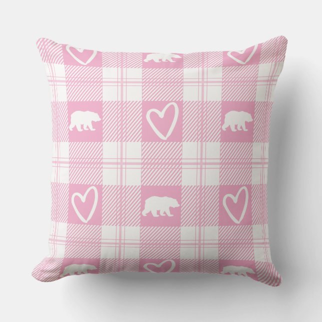 Cute Pink & White Bear and Heart Flannel Plaid Throw Pillow (Front)