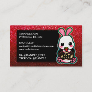 Cute Pink & White Bunny Rabbit Strawberry Glitter Business Card