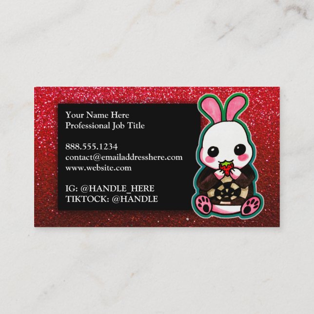 Cute Pink & White Bunny Rabbit Strawberry Glitter Business Card (Back)