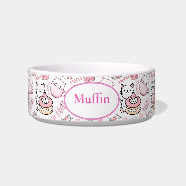 Cute Pink & White Cat Print Personalized Cat Bowl (Front)