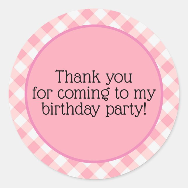 Cute Pink White Checkered Gingham Birthday Thank Classic Round Sticker (Front)