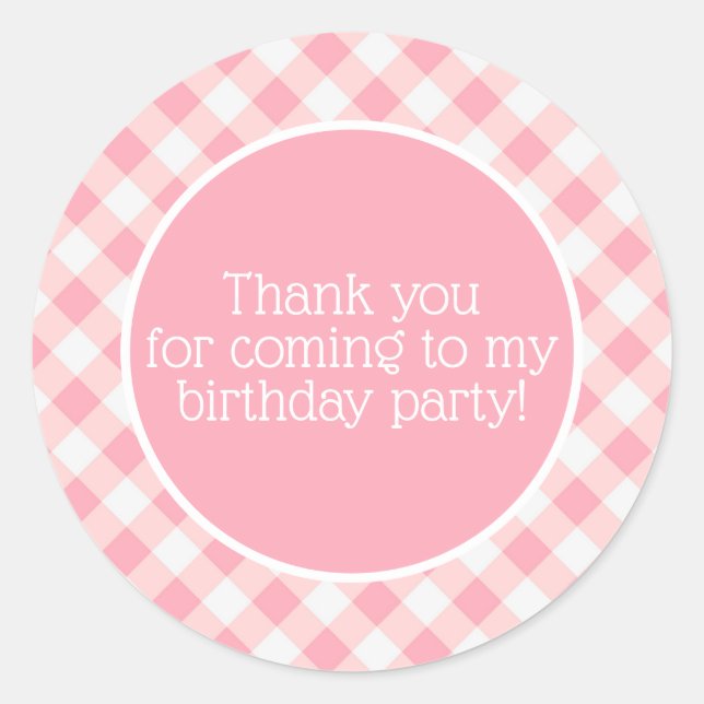 Cute Pink White Checkered Gingham Birthday Thank  Classic Round Sticker (Front)