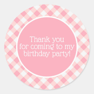 Cute Pink White Checkered Gingham Birthday Thank  Classic Round Sticker