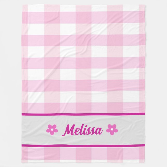 Cute Pink White Checkered Pattern Custom Kid's Fleece Blanket (Front)