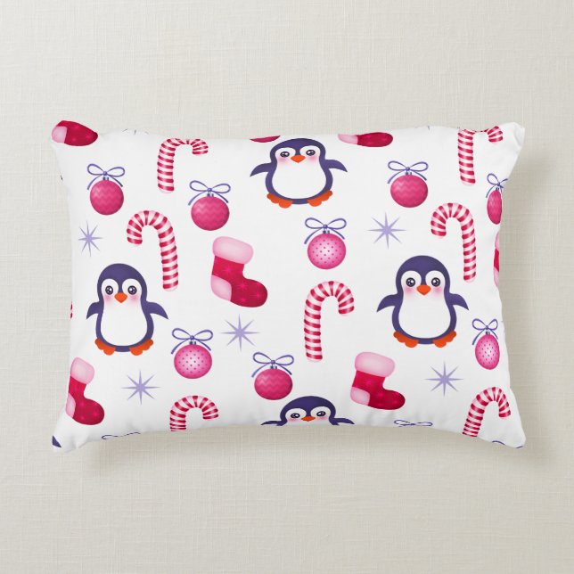 Cute Pink & White Christmas Pattern with Penguins Accent Pillow (Front)