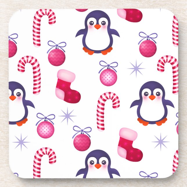 Cute Pink & White Christmas Pattern with Penguins Beverage Coaster (Front)