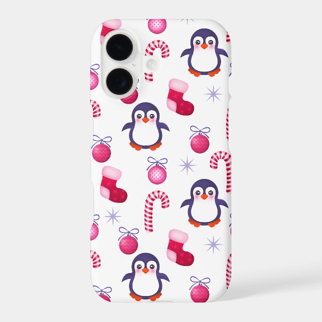 Cute Pink & White Christmas Pattern with Penguins Case-Mate iPhone Case (Back)