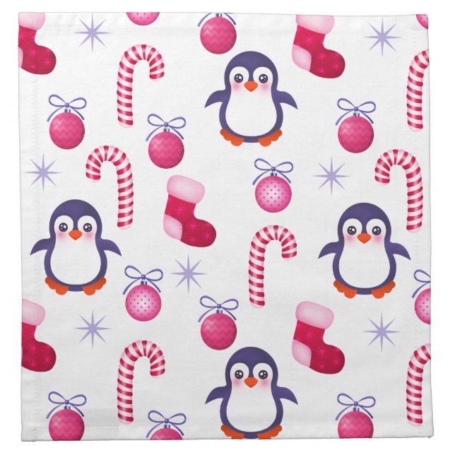 Cute Pink & White Christmas Pattern with Penguins Cloth Napkin (Front)