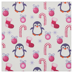 Cute Pink & White Christmas Pattern with Penguins Fabric
