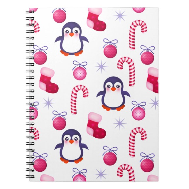 Cute Pink & White Christmas Pattern with Penguins Notebook (Front)