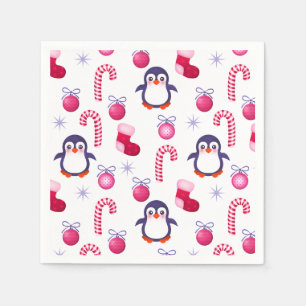 Cute Pink & White Christmas Pattern with Penguins Paper Napkins