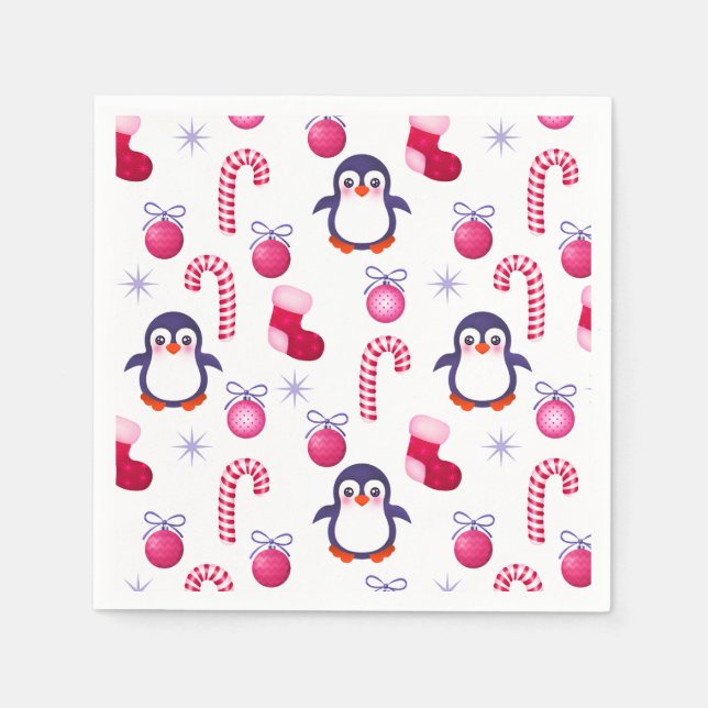 Cute Pink & White Christmas Pattern with Penguins Paper Napkins (Front)