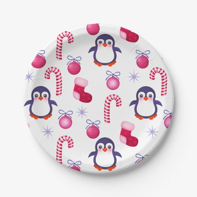 Cute Pink & White Christmas Pattern with Penguins Paper Plates (Front)