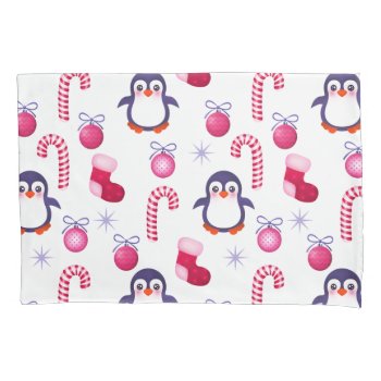Cute Pink & White Christmas Pattern With Penguins Pillow Case by VintageDesignsShop at Zazzle