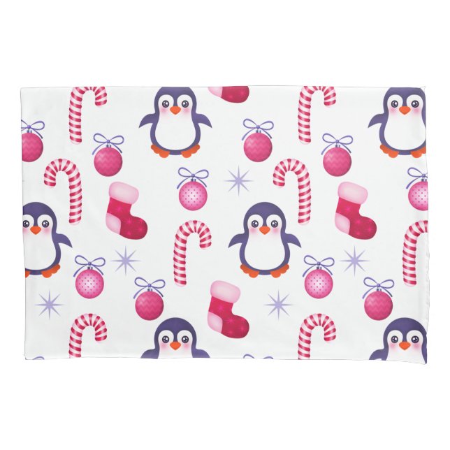 Cute Pink & White Christmas Pattern with Penguins Pillow Case (Front)