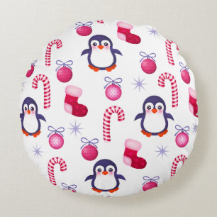 Cute Pink & White Christmas Pattern with Penguins Round Pillow