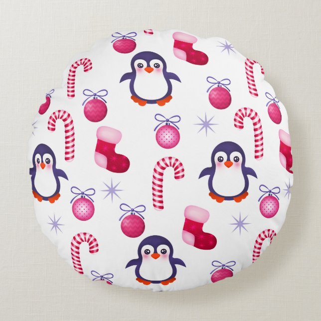 Cute Pink & White Christmas Pattern with Penguins Round Pillow (Front)