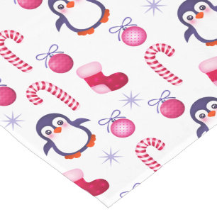 Cute Pink & White Christmas Pattern with Penguins Short Table Runner