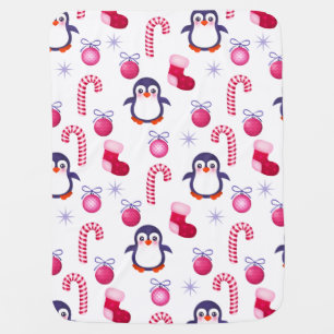 Cute Pink & White Christmas Pattern with Penguins Stroller Blanket