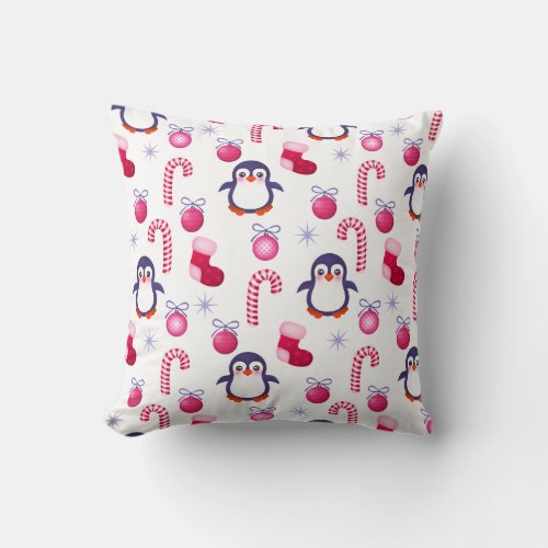 Cute  Pink  White Christmas Pattern with Penguins Throw Pillow