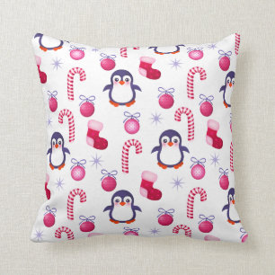 Cute Pink & White Christmas Pattern with Penguins Throw Pillow