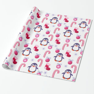Cute Pink & White Christmas Pattern with Penguins Wrapping Paper