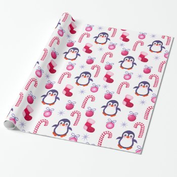 Cute Pink & White Christmas Pattern With Penguins Wrapping Paper by VintageDesignsShop at Zazzle