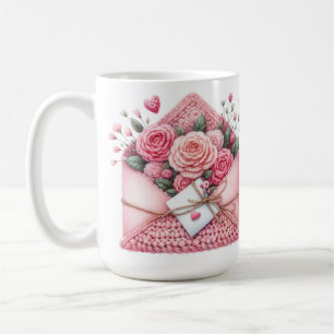 CUTE PINK & WHITE CROCHET LOOK ENVELOPES COFFEE MUG