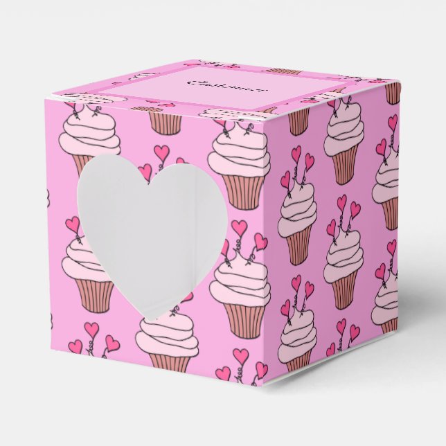 Cute Pink & White Cupcakes Heart Favor Boxes (Front Side)