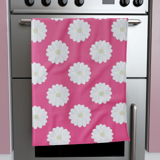 Cute Pink White Daisy Flower Pattern Kitchen Towel (A pretty pink kitchen towel with daisies. Perfect!)