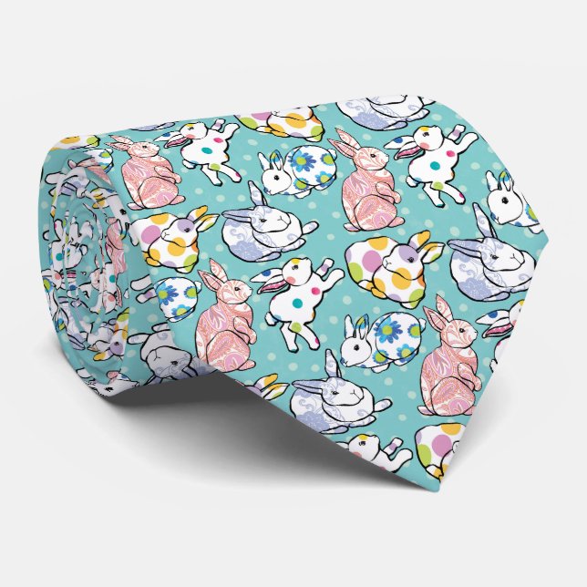 Cute Pink White Easter Bunny on Turquoise Pattern Neck Tie (Rolled)
