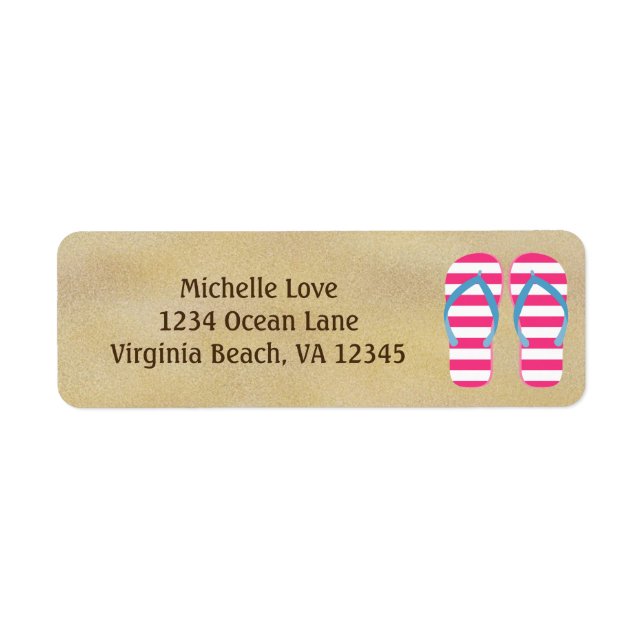 Cute Pink White Flip Flops on Sand Beach Address Label (Front)
