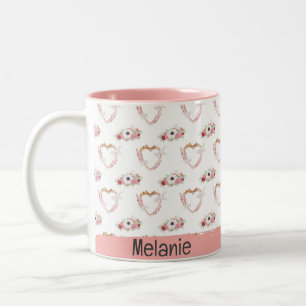 Cute Pink White Floral Heart Pattern Birthday Two-Tone Coffee Mug