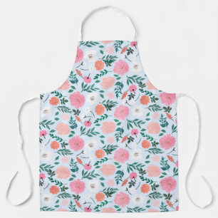 Cute Pink & White floral Paint Light blue design Apron