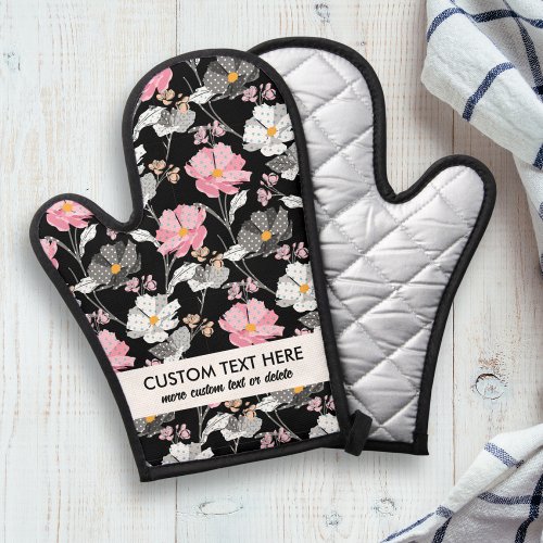 Cute Pink White Floral Pattern Add Custom Text Oven Mitt