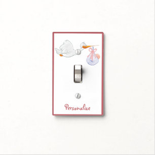 Cute Pink & White Flying Stork Baby Personalize Light Switch Cover