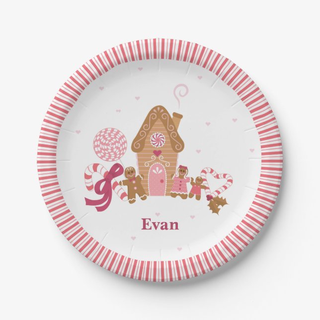 Cute Pink White Gingerbread Candy Paper Plates (Front)