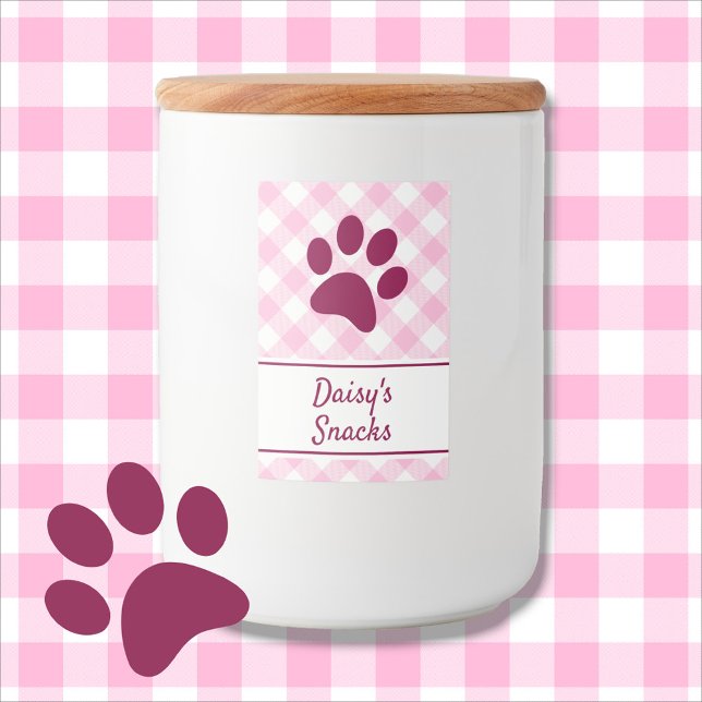 Cute Pink White Gingham Checkered Pattern Paw Name Food Label (Creator Uploaded)