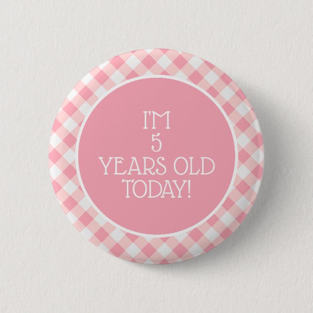 Cute Pink White Gingham Little Girl's 5th Birthday Button (Front)