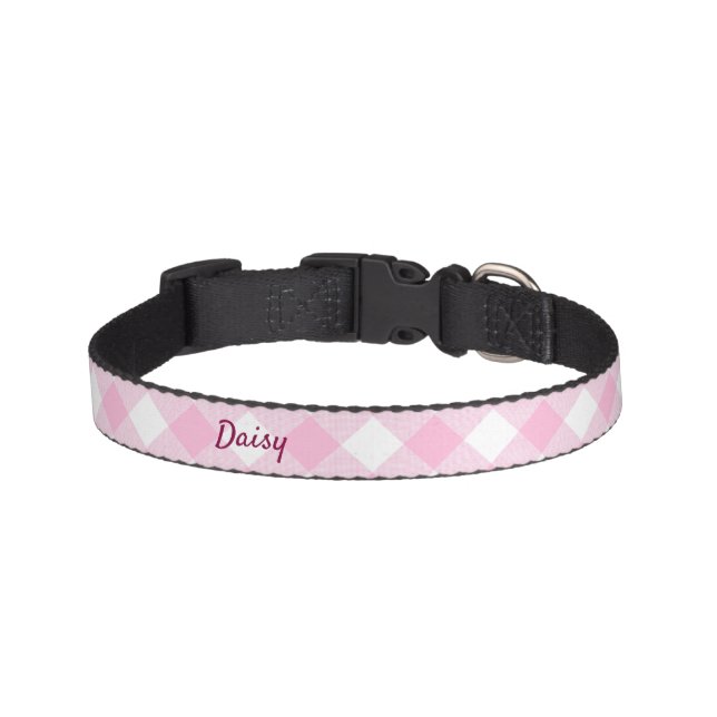 Cute Pink White Gingham Pattern Pet Collar (Front)