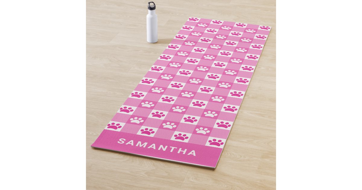 Cute Pink White Gingham Paw Prints Custom Yoga Mat