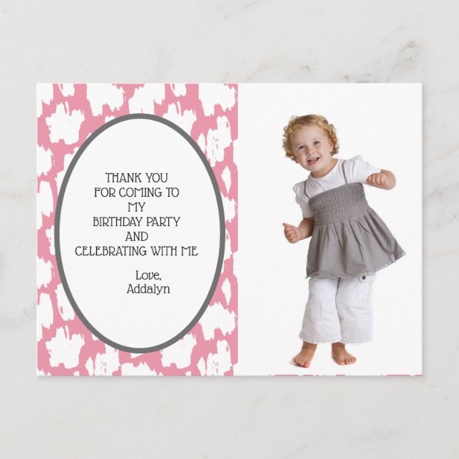 Cute Pink White Gray Birthday Thank You Postcard (Front)