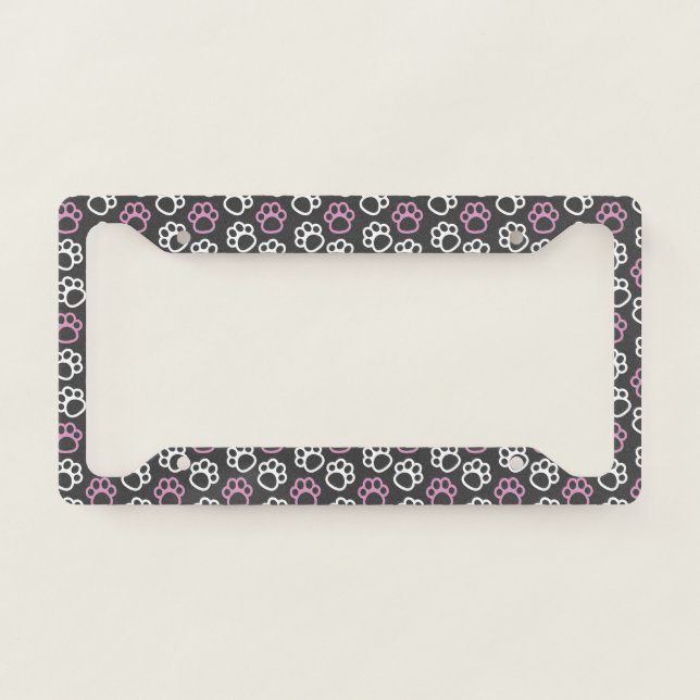 Cute Pink/White/Gray Paw Print License Plate Frame (Front)
