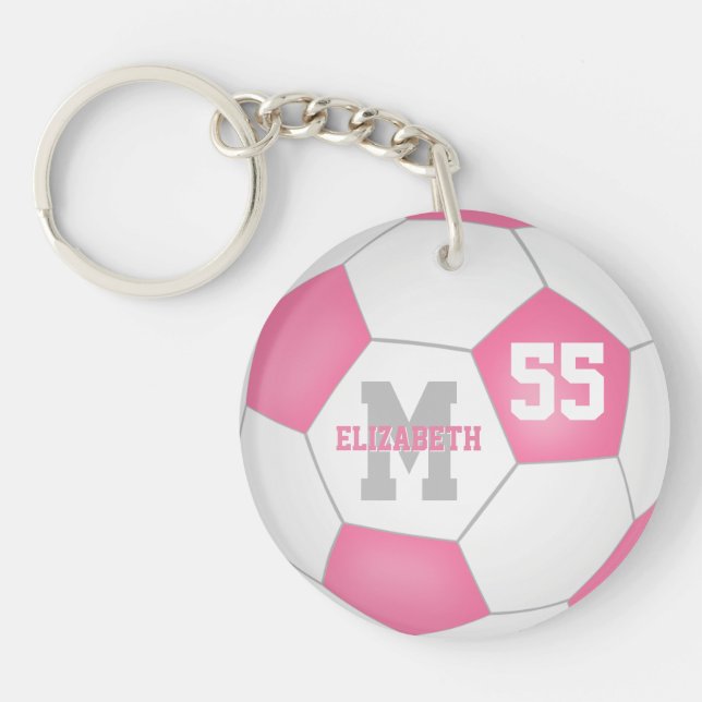 cute pink white gray soccer bag tag keychain (Front)