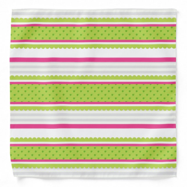 Cute Pink White Green Stripes Polka Dot Pattern Bandana (Front)