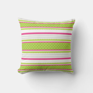 Cute Pink White Green Stripes Polka Dot Pattern Throw Pillow