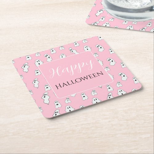 Cute Pink White Happy Ghosts Square Paper Coaster