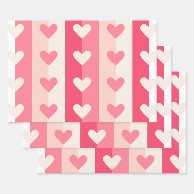 Cute Pink White Heart Pattern Valentine Sweetheart Wrapping Paper Sheets (Set)