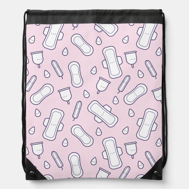Cute Pink White Period Tampon Pattern Drawstring Bag (Front)