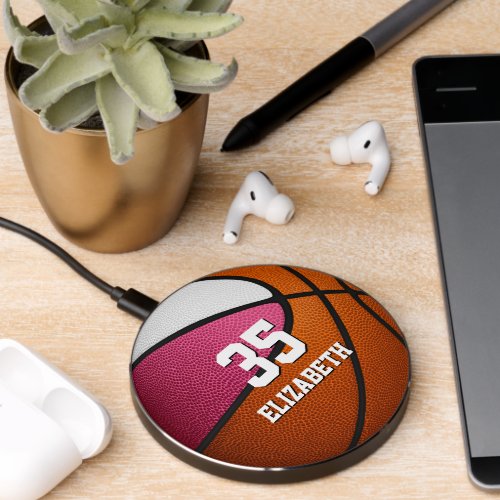 cute pink white personalized basketball themed wireless charger 